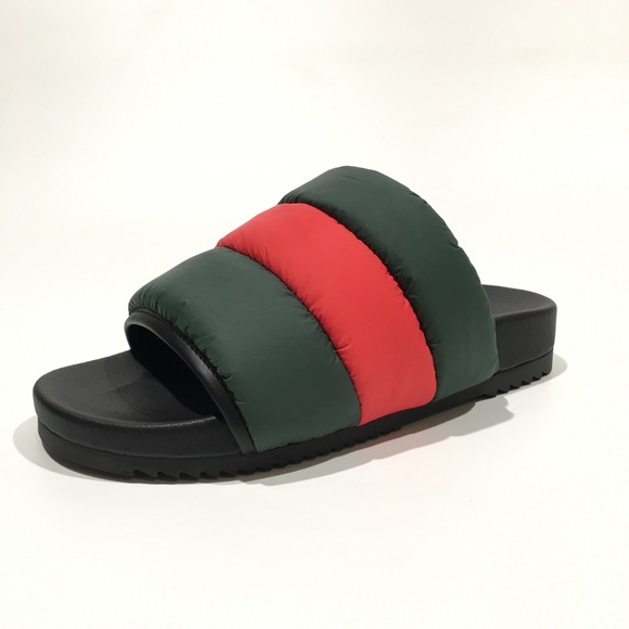 GUCCI PADDED WEB SLIDE SANDALS -GREEN / RED PUFFER NYLON -WOMEN’S US 8 -NEW - Picture 2 of 7